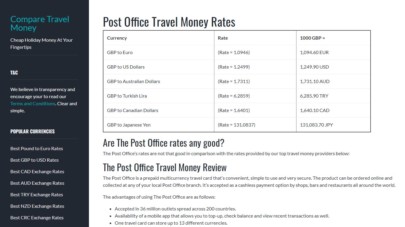 Post Office Travel Money Rates - Compare Travel Money